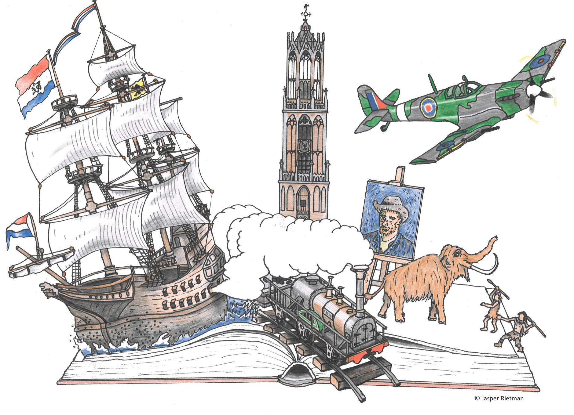 Illustratie van een open geschiedenisboek waaruit scènes uit uiteenlopende tijdperken tevoorschijn komen